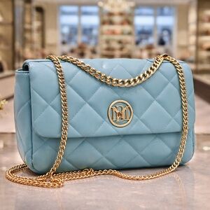 Badgley Mischka Quilted Light Blue Leather Shoulder Bag with Gold Chain